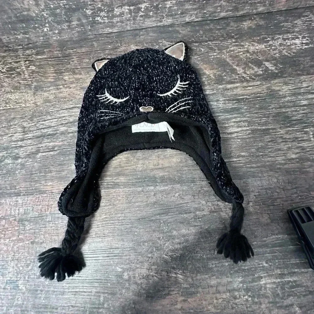 The Children's Place Black Cat Face Hat with Ears and Braided Tassels
